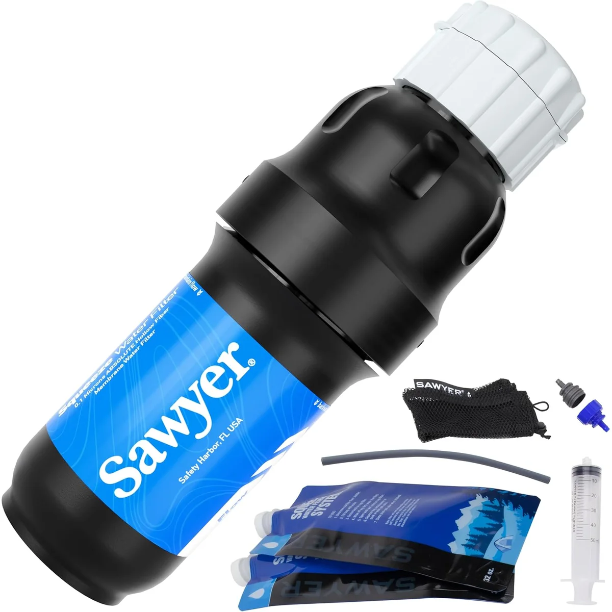 Sawyer Squeeze Water Filter — Bacteria and protozoa out, for the whole trek, for the price of two lodge bottles