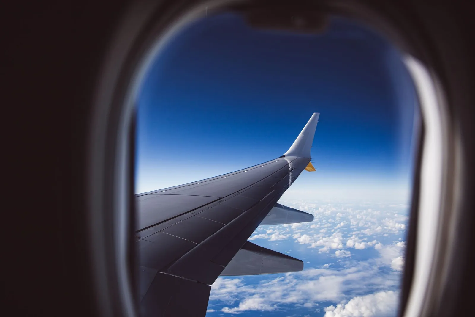 A view from an airplane window of the wing above a layer of clouds in daylight