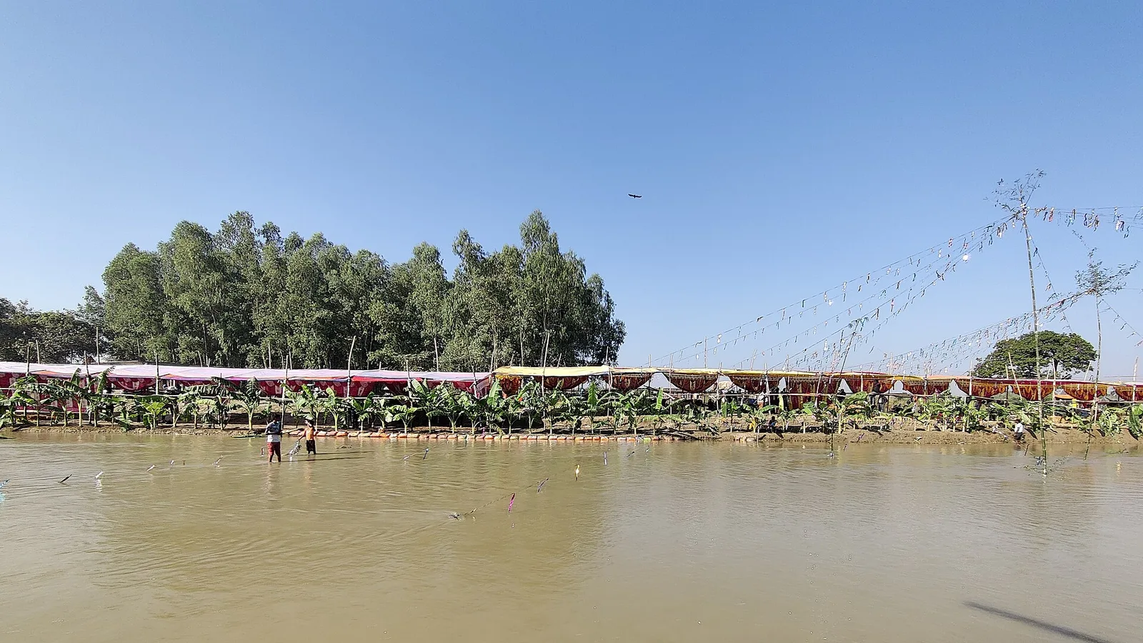 Devotees stand in a river offering arghya to the sun at dawn during Chhath Puja in the Terai plains