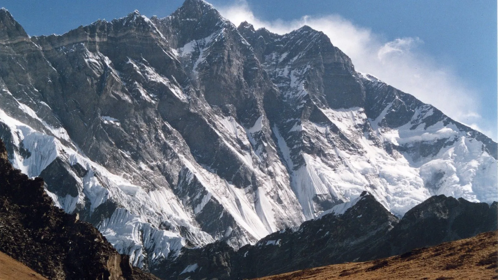 The Lhotse face and the wall of Lhotse (8,516 m) above the Western Cwm, seen from Chukhung Ri in the Khumbu, Nepal — the same face climbers ascend toward Everest’s South Col; a file image of the region, not of the 1996 disaster