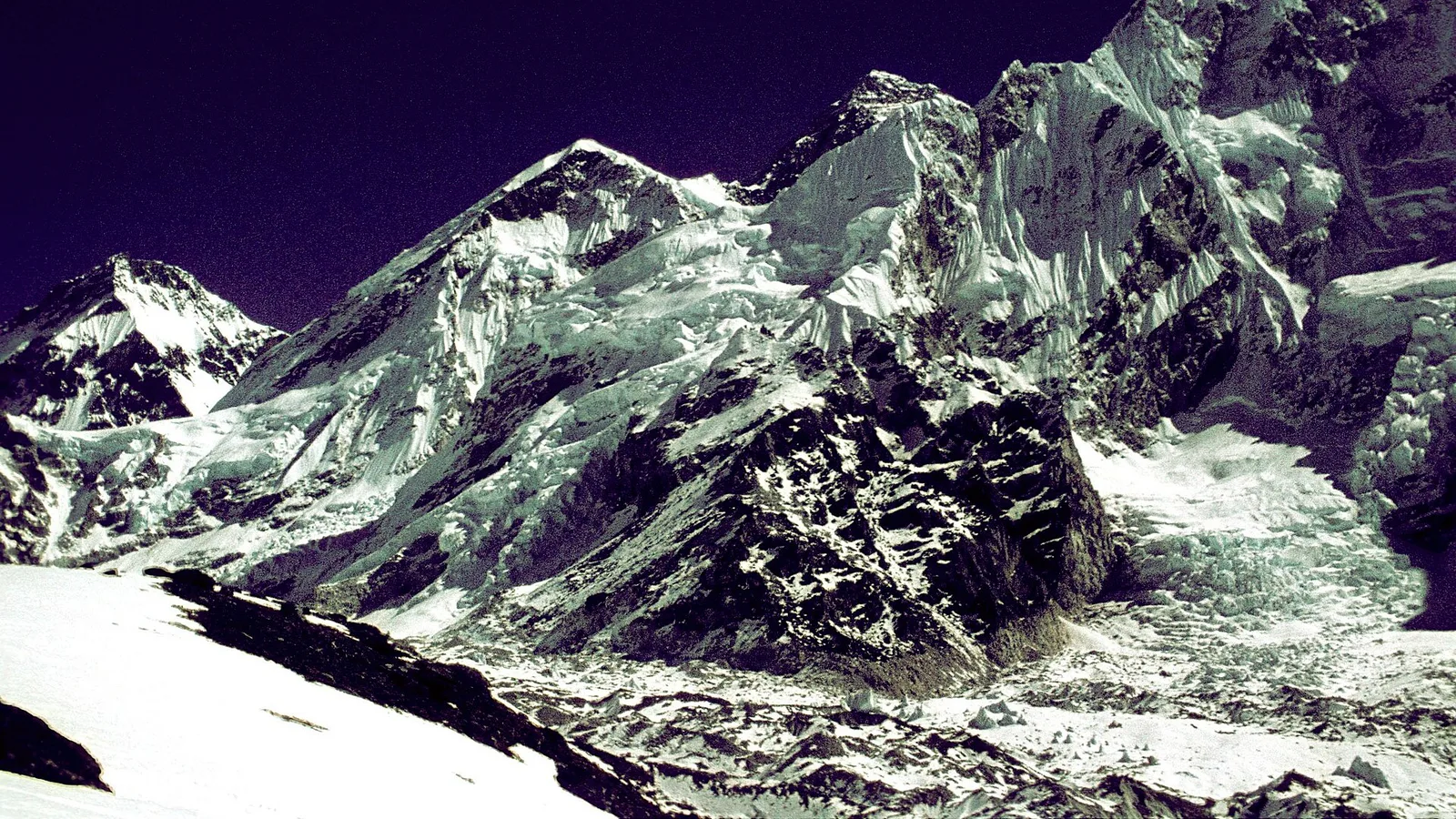 The summit ridge and upper pyramid of Mount Everest (8,849 m) seen from high in the Khumbu, Nepal — the Southeast Ridge where the mountain’s summit, speed and age records have all been set