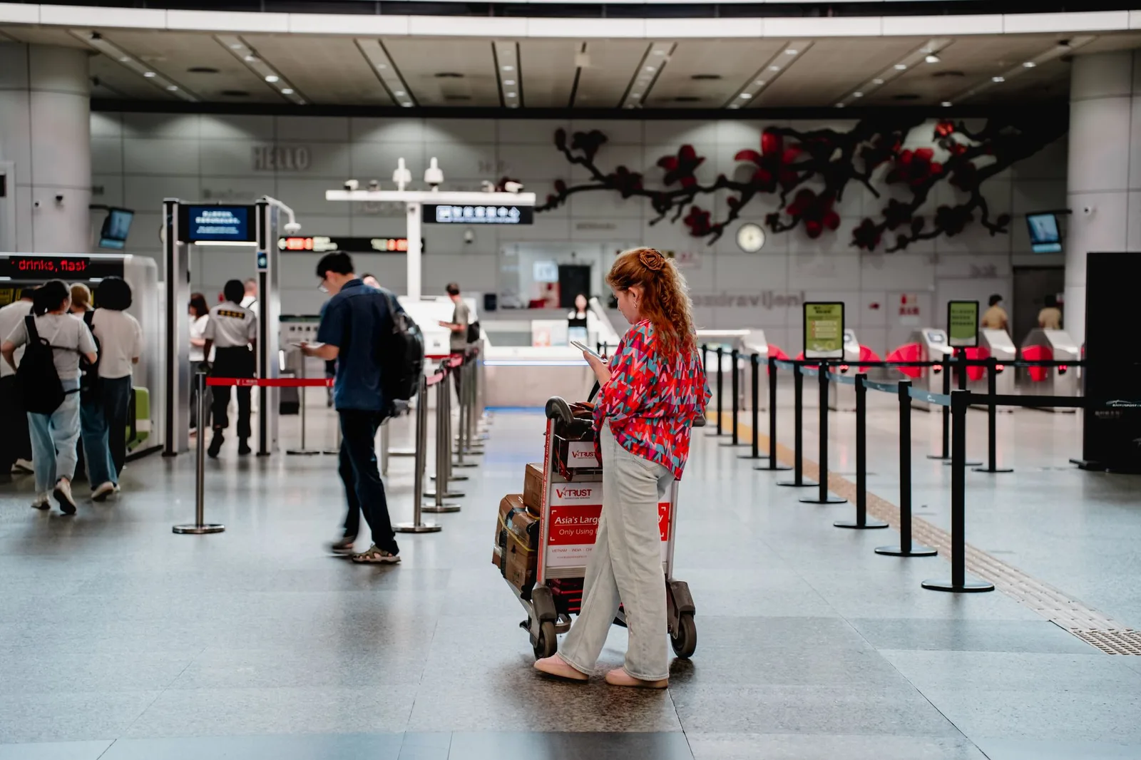 Travellers with luggage at an airport check-in counter