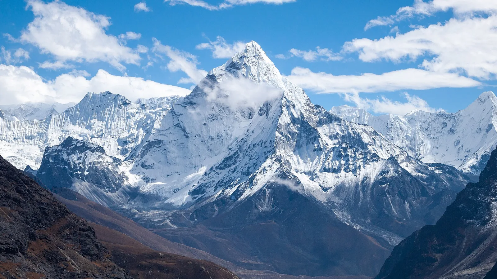 Ama Dablam (6,812 m), the iconic peak above Pangboche in the Khumbu (Everest region), Nepal, seen from near its base camp — reached via Lukla on the Dudh Koshi, a separate watershed from the flood-hit Rasuwa corridor and unaffected by the 2026 floods