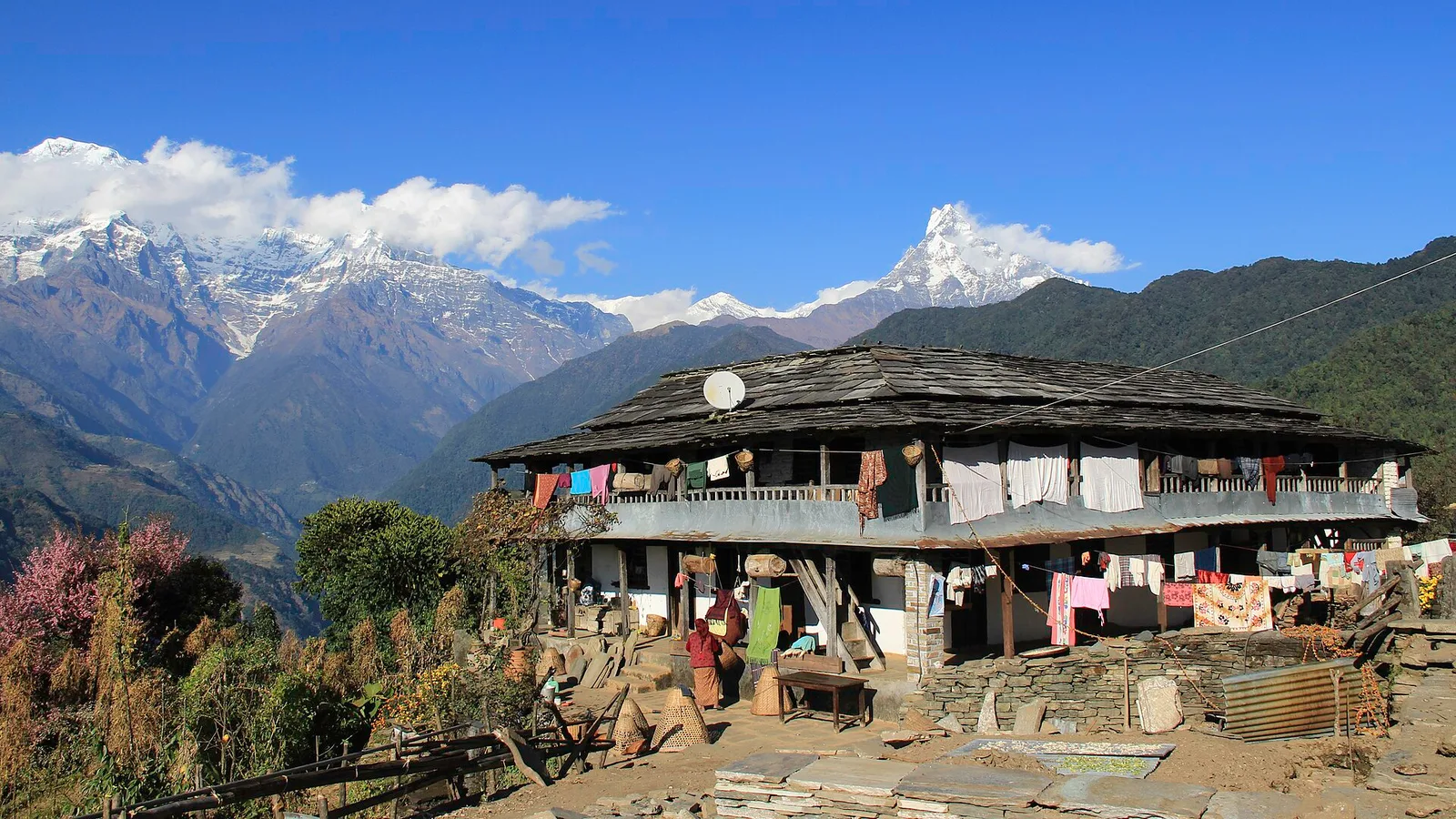 The stone houses and slate roofs of Ghandruk, a traditional Gurung village in the Annapurna foothills above Pokhara, Nepal, with Annapurna South and Machhapuchhre behind — reached from Pokhara and unaffected by the 2026 Rasuwa flood