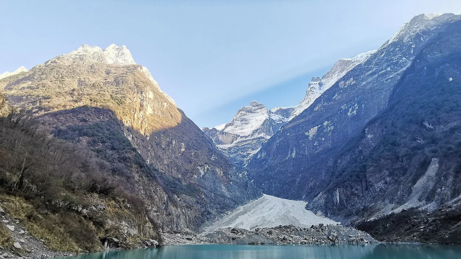 Kapuche Lake, one of Nepal’s lowest glacial lakes at about 2,546 m, beneath Annapurna II and Lamjung Himal above Sikles in the Annapurna region, Nepal — reached from Pokhara and unaffected by the 2026 Rasuwa flood