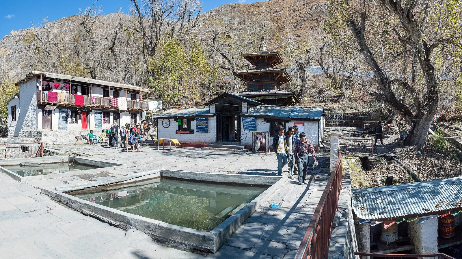 The Muktinath temple complex and the arid Mustang high desert on the Kali Gandaki, Nepal — in the Himalayan rain shadow behind Annapurna and Dhaulagiri, unaffected by the 2026 Rasuwa flood