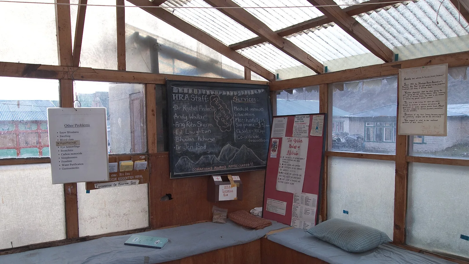 The Himalayan Rescue Association aid post at Pheriche (4,250m) on the Everest Base Camp trail, Nepal — the kind of seasonal, volunteer-doctor-staffed post that backs up the trekking guides HRA and KEEP put through wilderness first-aid training in late August 2026