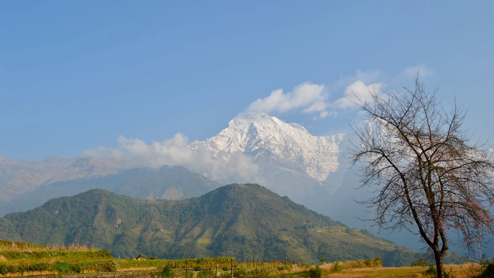 Monsoon cloud clearing off the green Himalayan foothills of Nepal under a brightening autumn sky