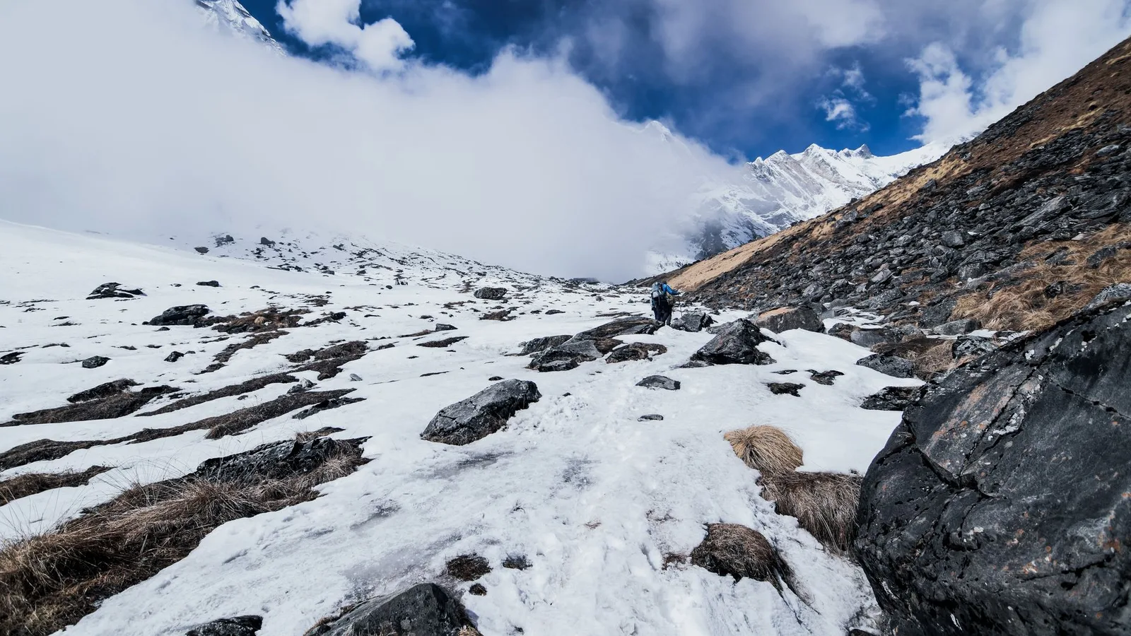 File photo: a trekker on a mountain trail in the Nepal Himalaya holding trekking documents — a context image of Nepal’s permit-and-trail system, not the 2026 flood