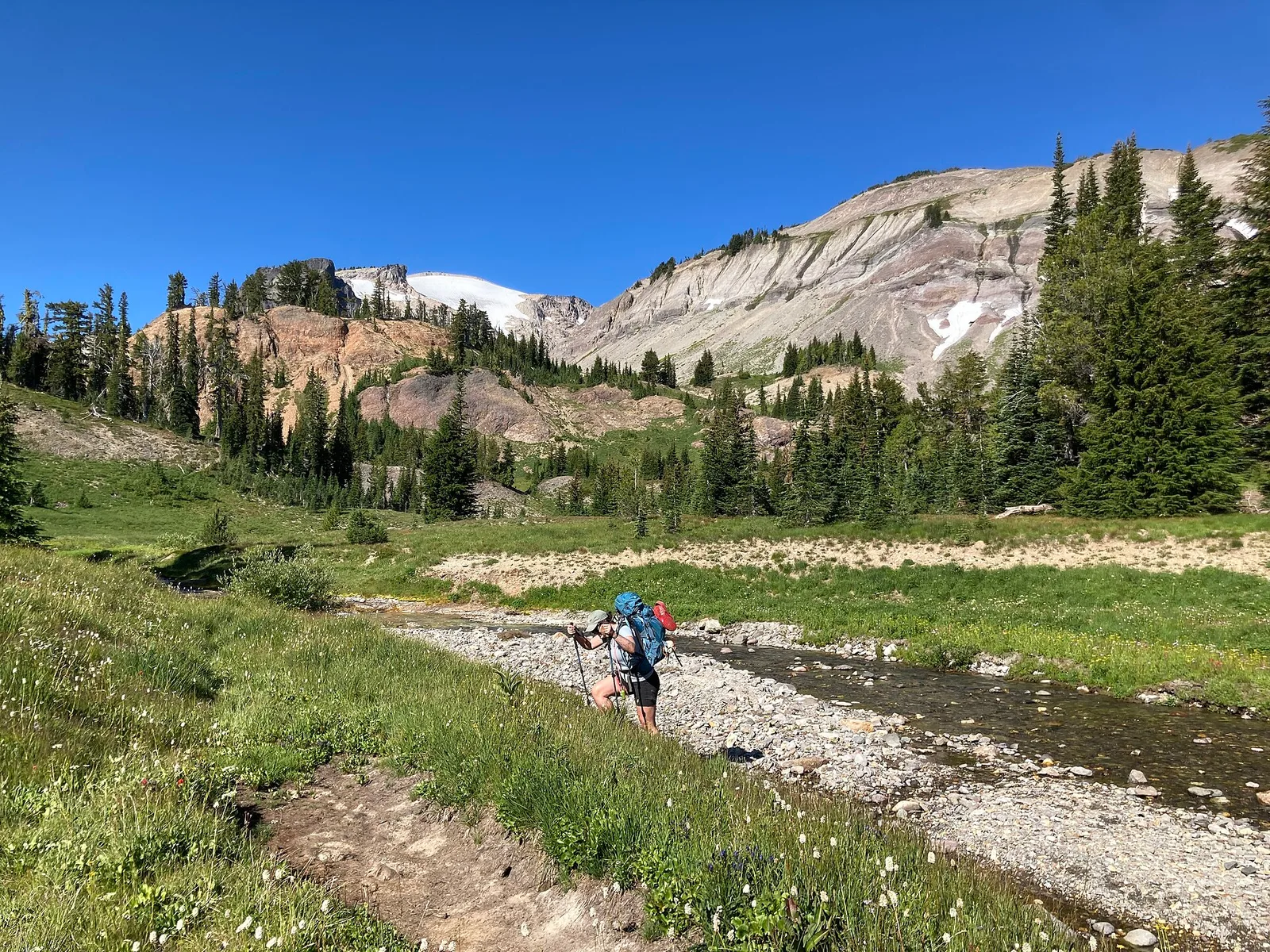 A backpacker with a full pack crosses a mountain stream on a wilderness trail — travel insurance for backpackers and long-term trips, 2026