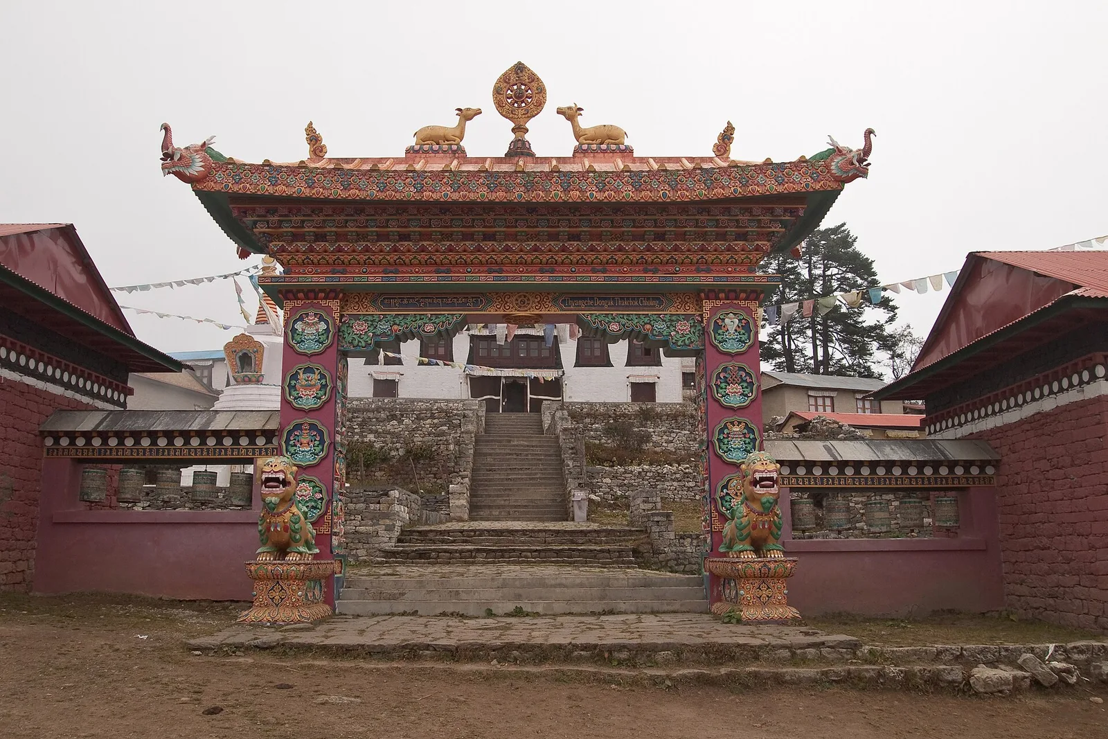 Tengboche Monastery and prayer flags in the Everest region, Nepal