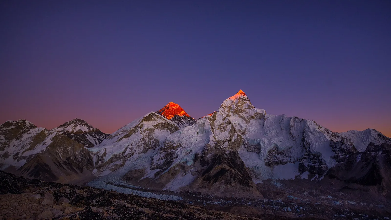 Mount Everest at sunset seen from Kala Patthar in the Khumbu, Nepal — for most of the year the jet stream scours this summit with hurricane-force wind, lifting only for a brief window each May