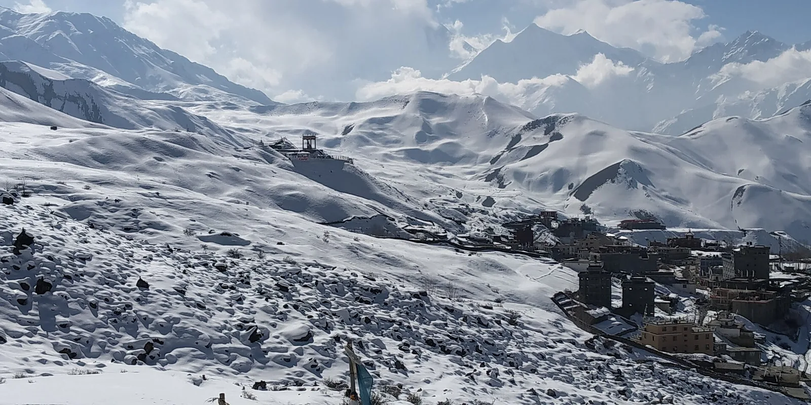 A snowy winter trekking trail in the Nepal Himalaya