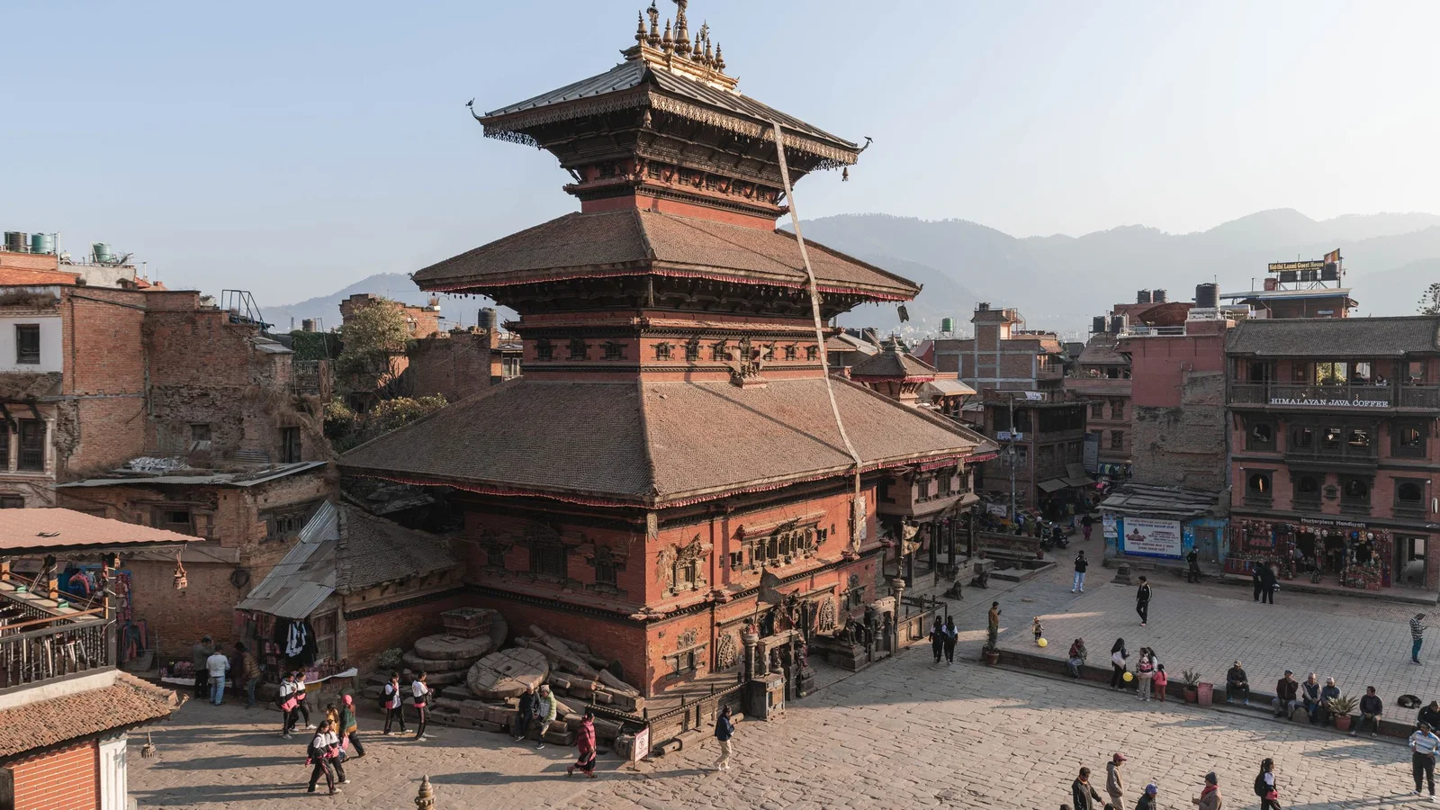 Aerial view of Nyatapola Temple in Bhaktapur, showcasing traditional Newari architecture.