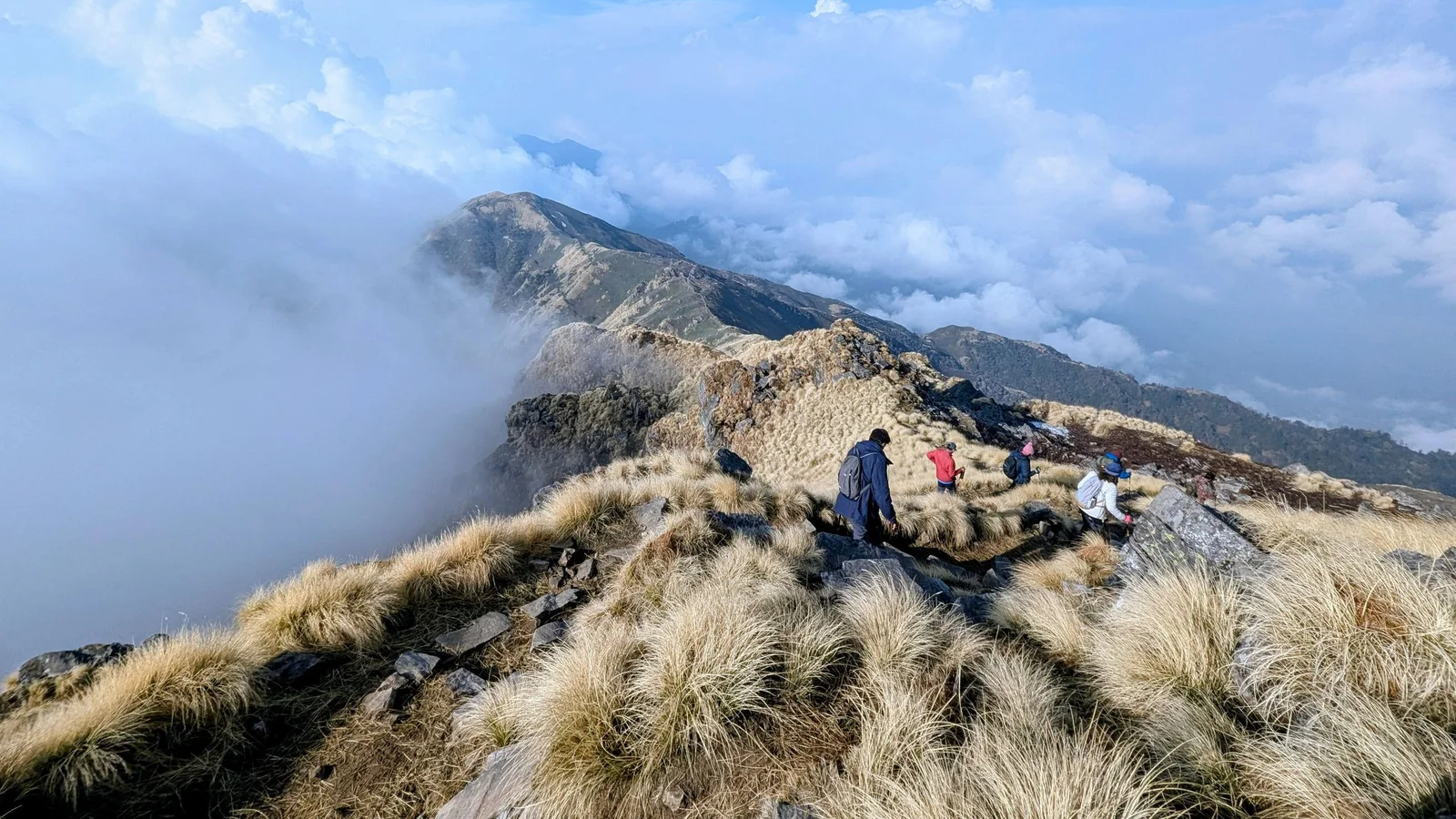 Group of hikers enjoying a scenic mountain trail with spectacular views above the clouds.