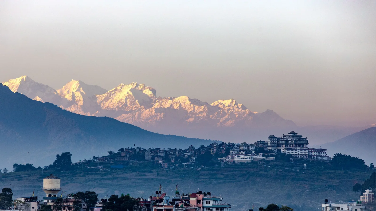 Stunning sunset view of Kathmandu Valley with the Himalayas in the background in Nepal.